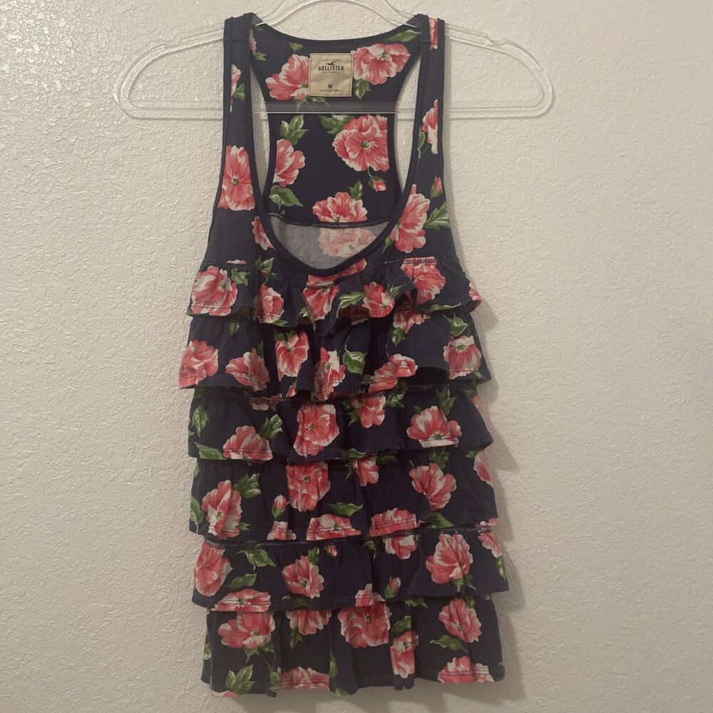 Hollister Blue Floral Ruffle Tank Top Y2K Summer Blouse